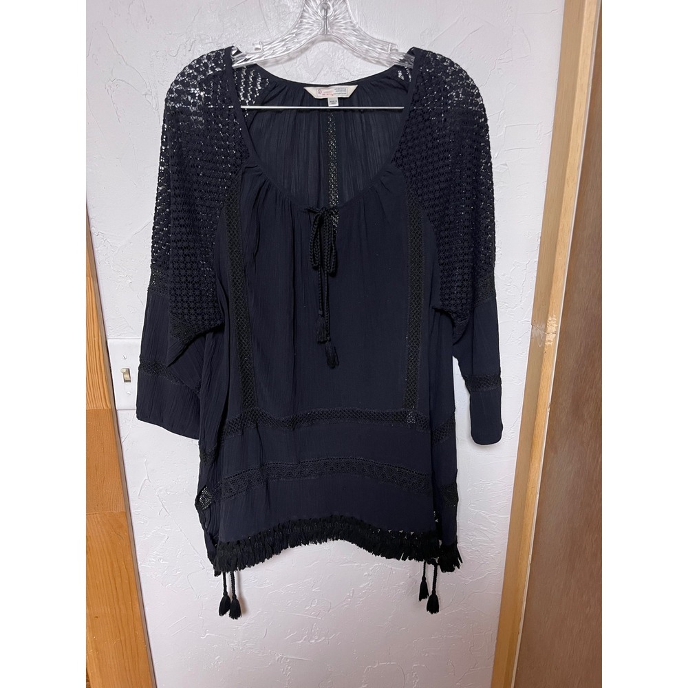 Odd Molly Black Cotton Crochet Lace Tassel Fringe Boho Tunic Top Size‎ 2